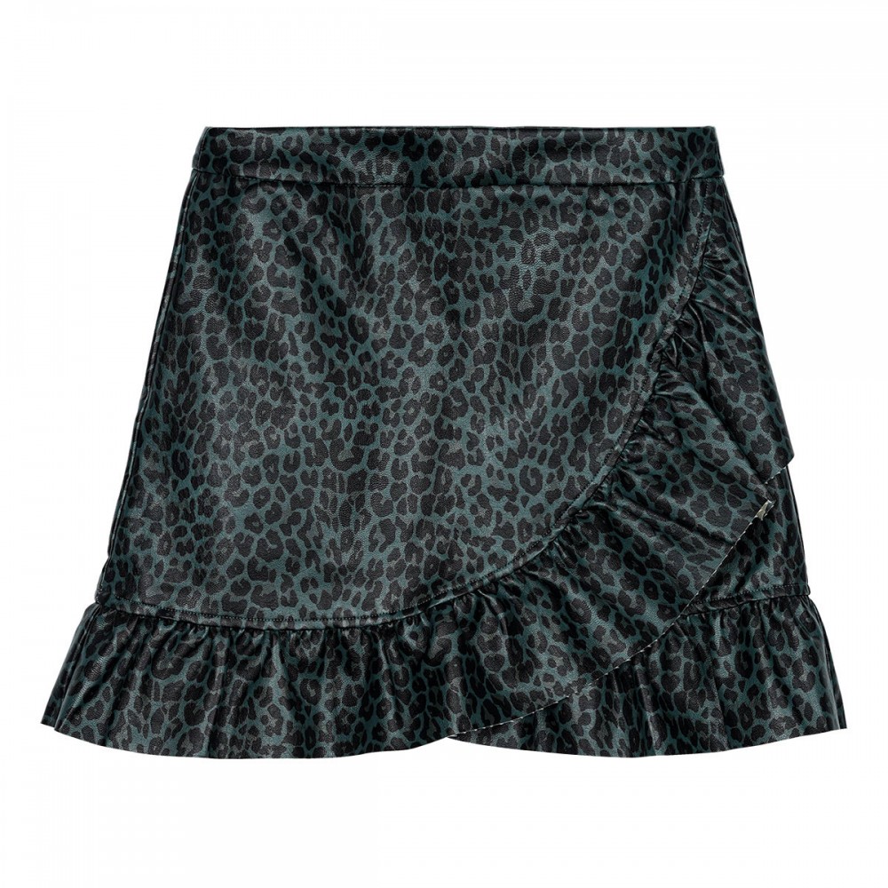 Φούστα animal print από δερματίνη με βολάν πράσινη