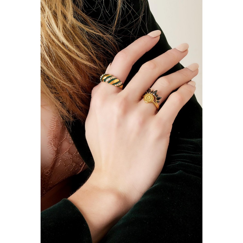 Δαχτυλίδι κορώνα με ζιργκόν μαύρα - χρυσό