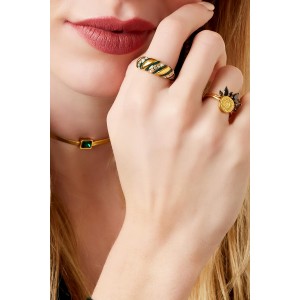 Δαχτυλίδι ατσάλινο χρυσό με ζιργκόν και ροζ σμάλτο στριφτό 