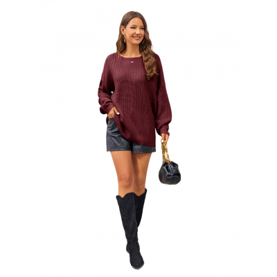 Oversized πλεκτό πουλόβερ  με λαιμόκοψη Μπορντώ