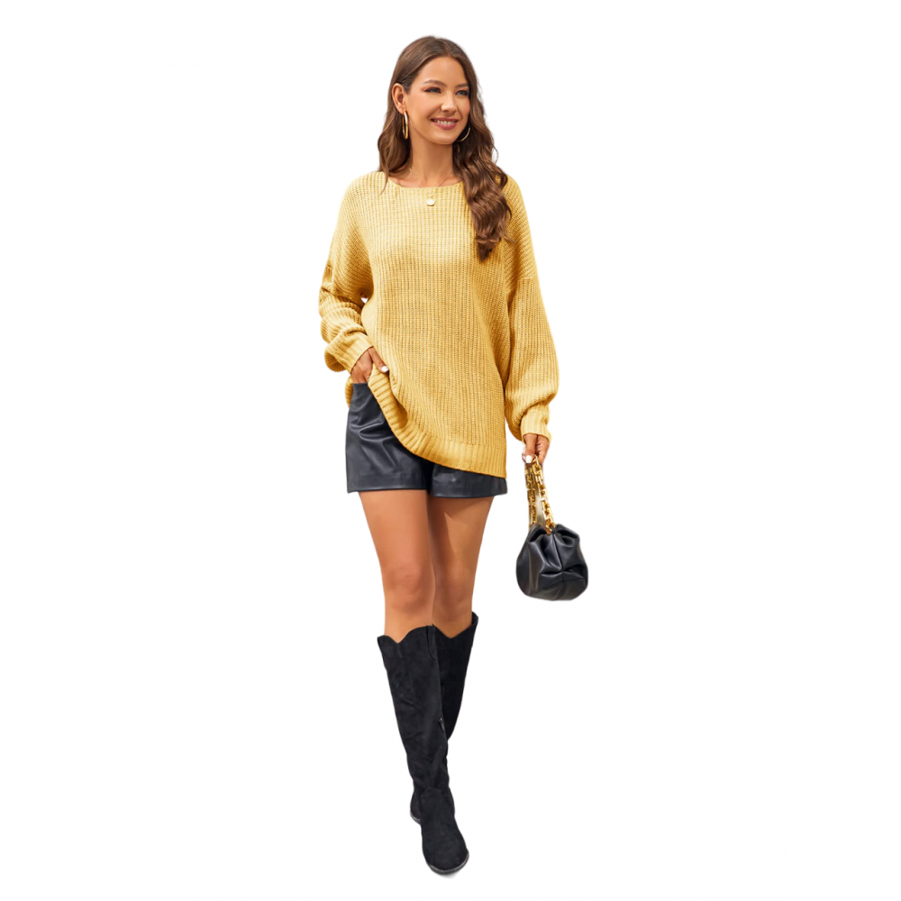Oversized πλεκτό πουλόβερ  με λαιμόκοψη Κίτρινο